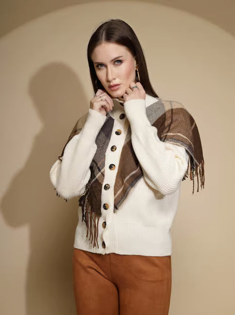 Esther Plaid Cape Knitted High Neck Down Button Poncho Sweater